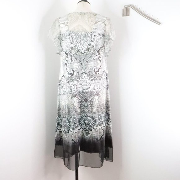 One World Womens M White Gray Ornate Rhinestone A-Line Silky Stretch Shift Dress - Picture 7 of 9